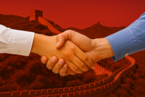 Hands-shaking with Great Wall background_red Hands shaking with Great Wall background red